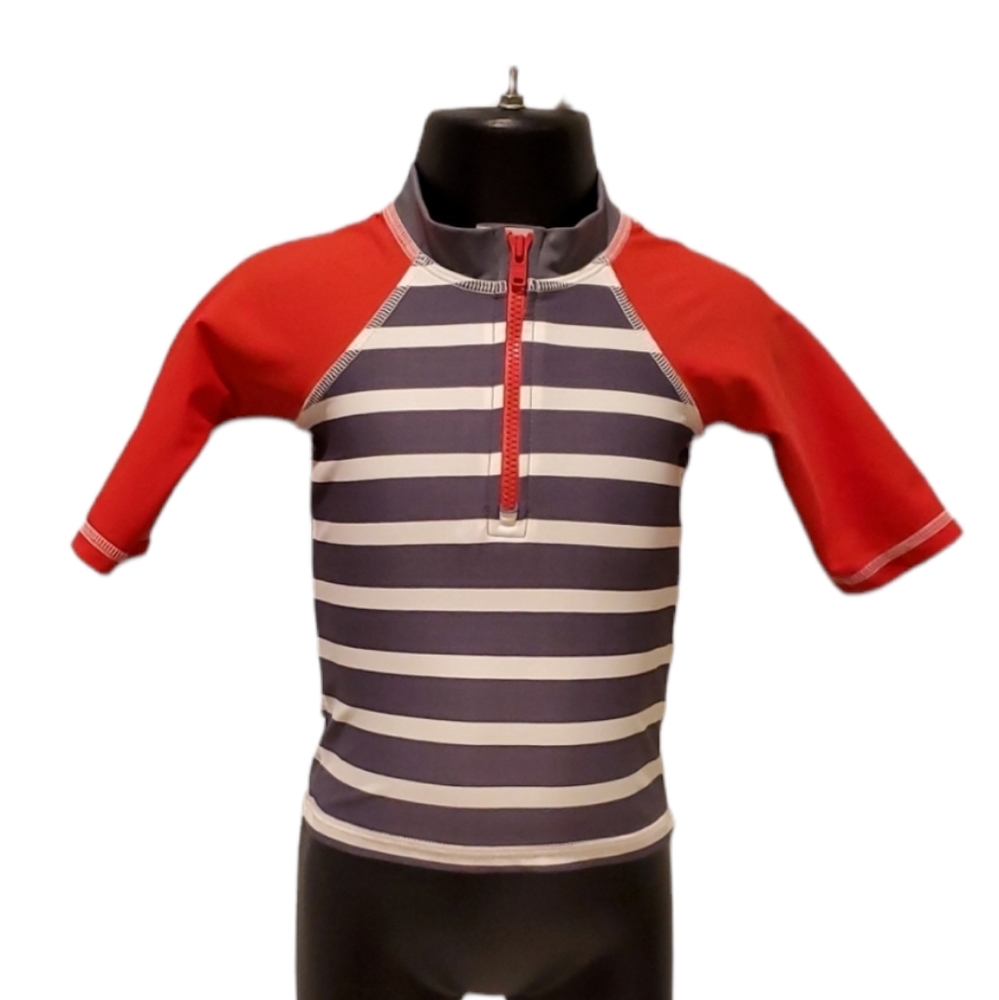 Mini Boden Red and Gray Striped Rashguard